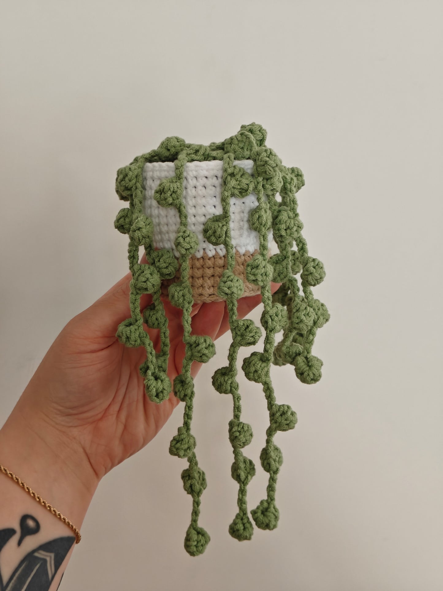 String of pearls in crocheted pot